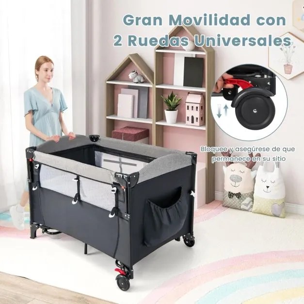 Berço de viagem para bebés de 0 a 3 anos com trocador, colchão, brinquedos pendurados, caixa de música, altura ajustável, rodas preto