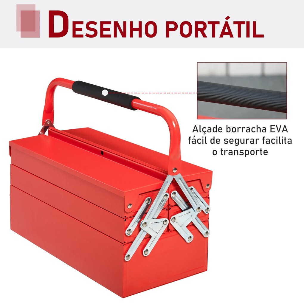 Caixa de ferramentas dobrável de aço com 5 compartimentos com alça 45x22,5x34,5 cm Vermelho