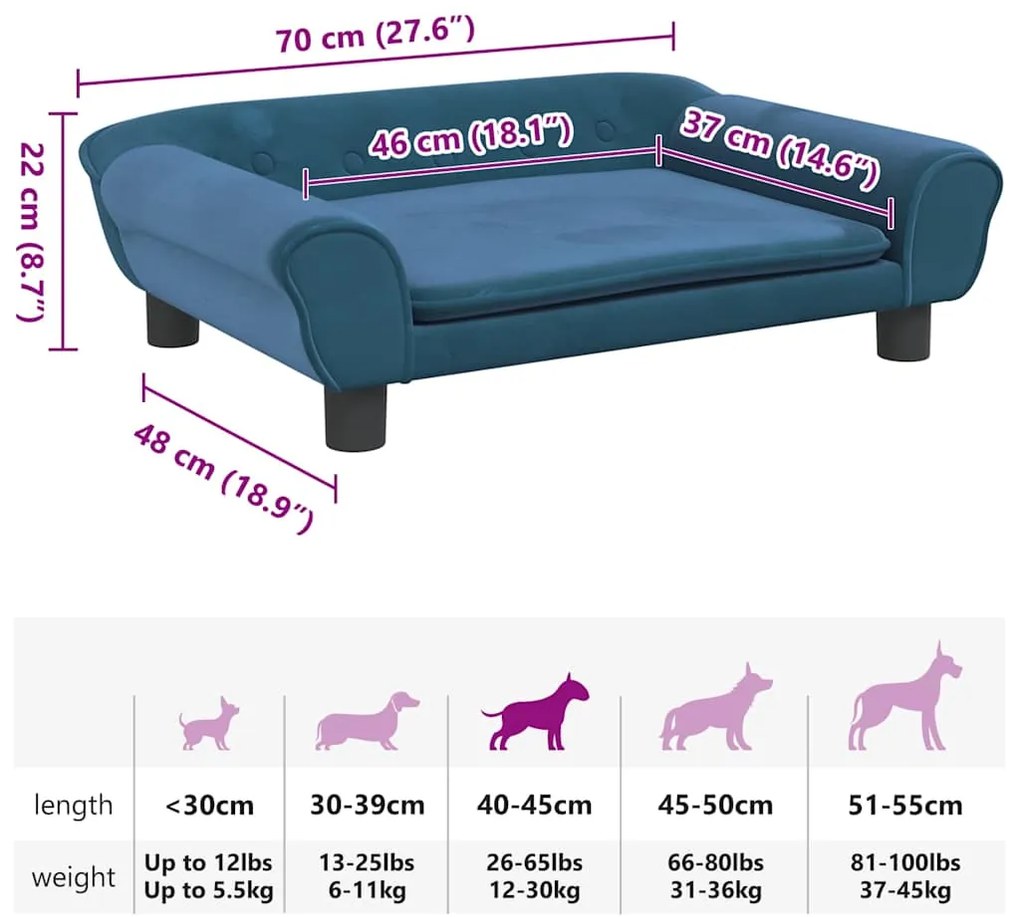 Cama para cães 70x48x22 cm veludo azul