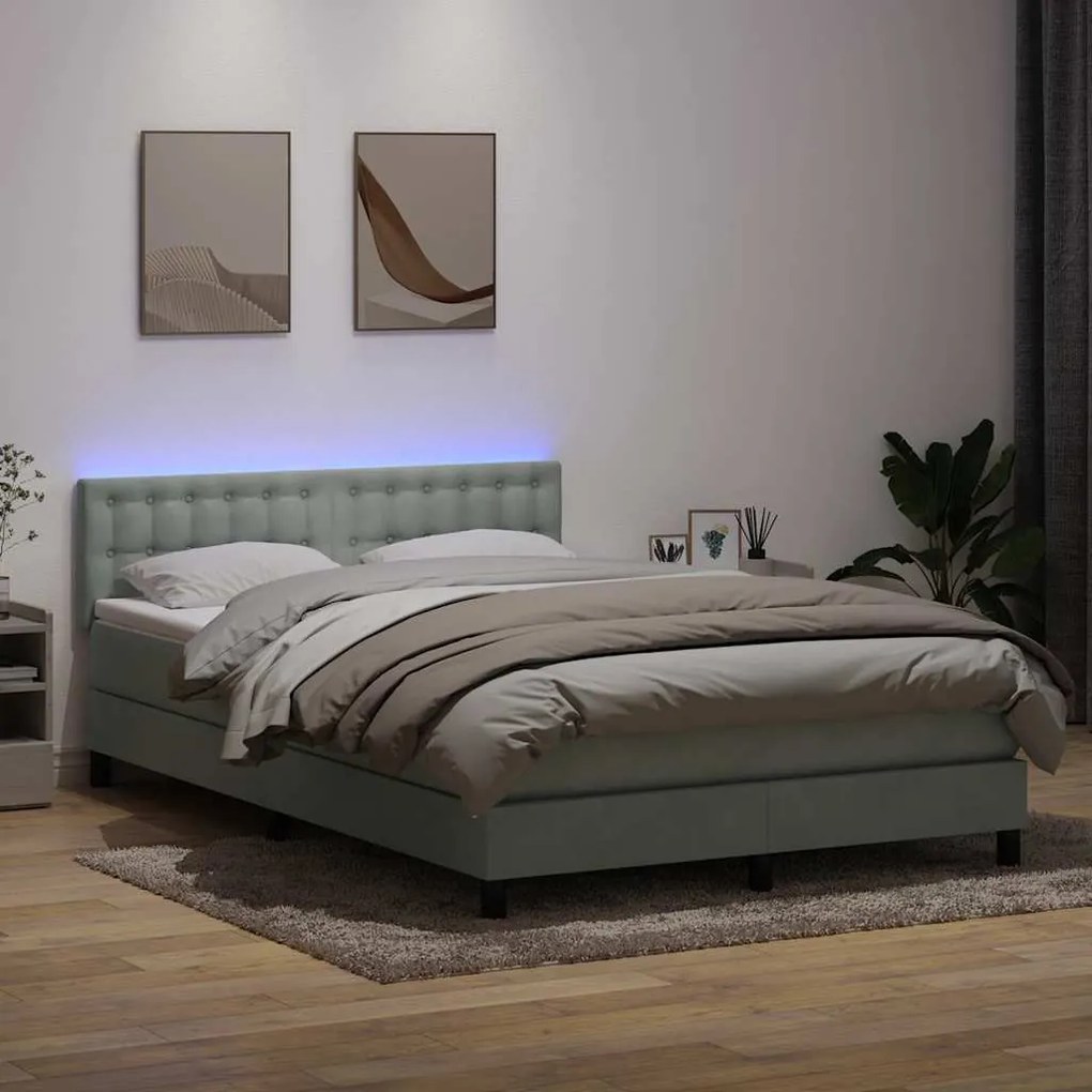 vidaXL Cama box spring c/ colchão e LED 140x210 cm veludo cinzento-claro