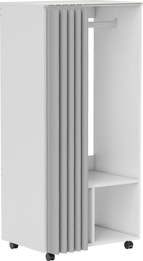 HOMCOM Roupeiro com Rodas, Cortina, Barra de Pendurar e 2 Compartimentos para Quarto 60x40x128 cm Branco | Aosom Portugal