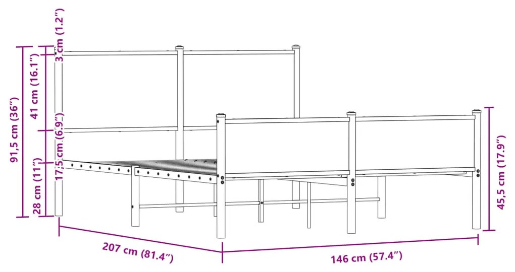 Estrutura de cama sem colchão 140x200 cm metal carvalho fumado