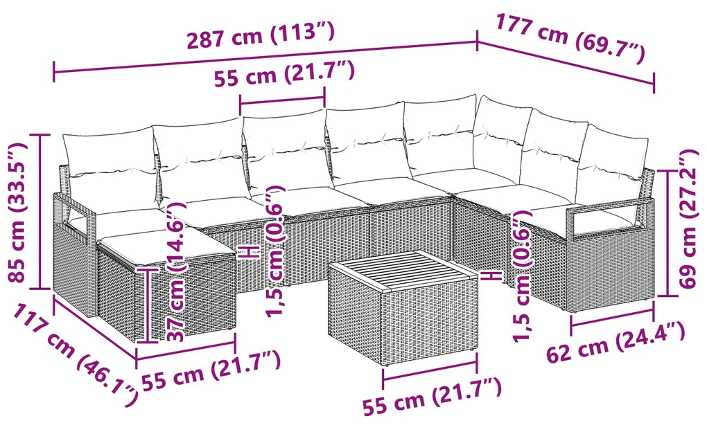 Conjunto de Sofá de Jardim com 9 Peças com Almofadas Bege Rattan Acáci