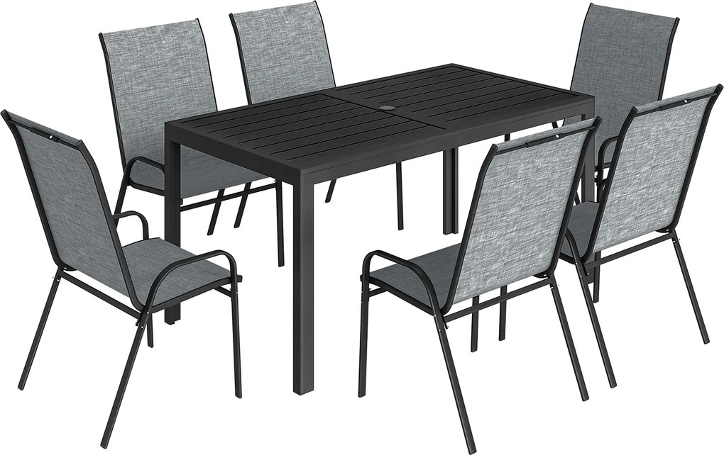 Outsunny Conjunto de Mesa e Cadeiras Jardim de 7 Peças com Mesa Metálica Efeito Madeira e 6 Cadeiras Empilháveis Cinza Misto | Aosom Portugal