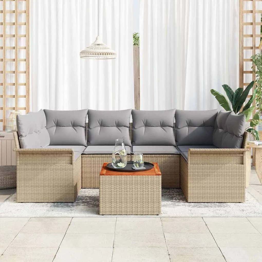 Conjunto de Sofá de Jardim com 7 Peças, Almofadas Beiges, Rattan Sinté