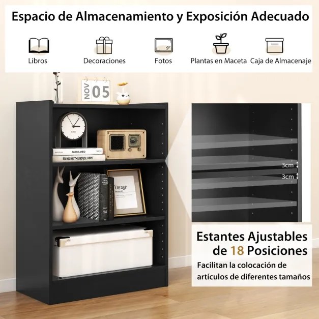 Estante de 3 níveis com prateleiras ajustáveis e dispositivo anti-queda para a sala de estar e o quarto 50 x 30 x 75 cm Preto