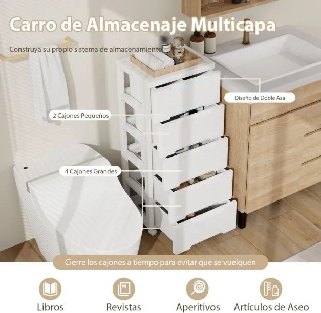 Armário de armazenamento 40 x 32 x 96 cm com 5 gavetas Rodas universais e traváveis Recipiente de armazenamento de plástico branco