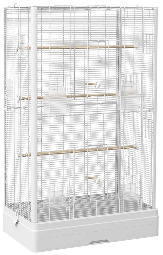 PawHut Gaiola para Pássaros 61x36,5x98 cm com Portas Poleiros Bandeja Removível e Alças para Canários Periquitos Branco | Aosom Portugal