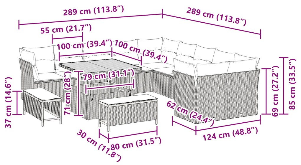 Conjunto de Sofá de Jardim vidaXL de 13 Peças com Almofadas Bege Ratan