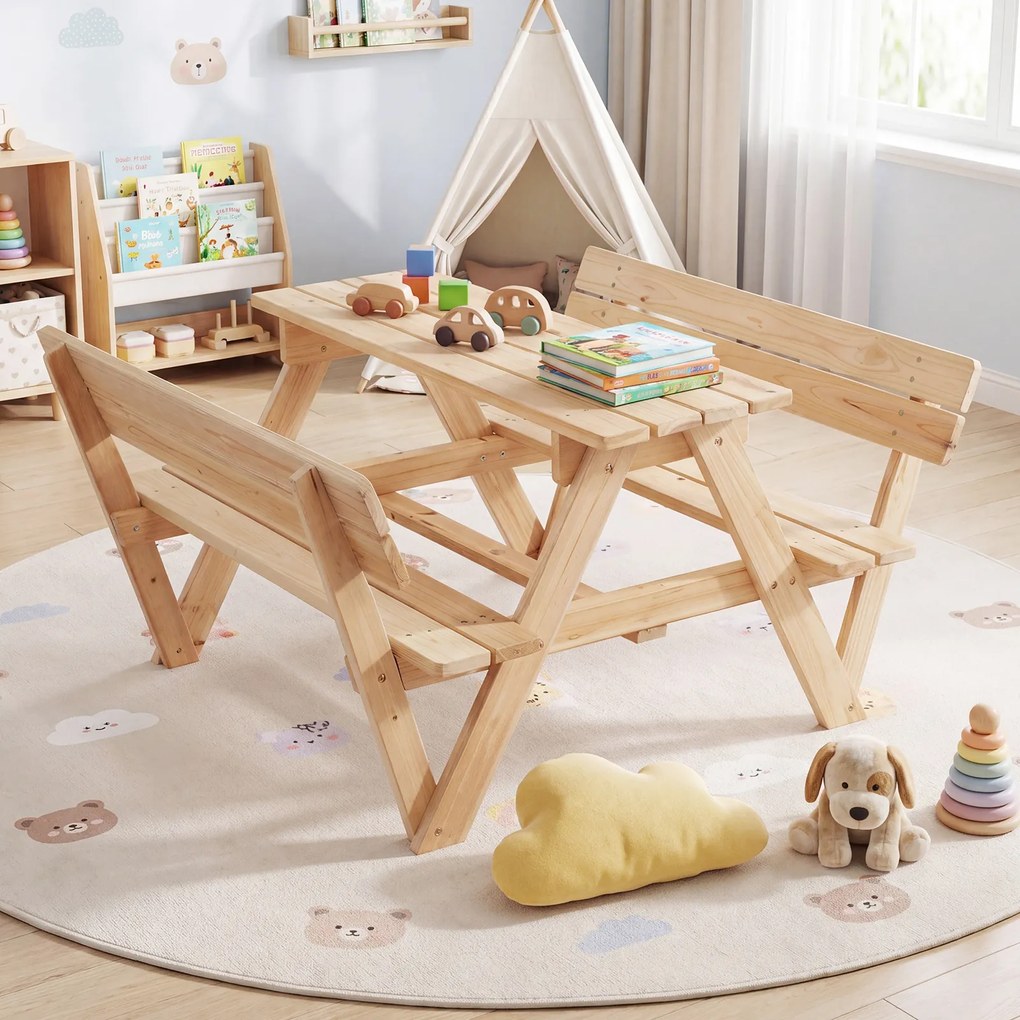 Mesa de piquenique infantil com 2 bancos integrados, guarda-sol removível e encosto em madeira de abeto, para crianças dos 3 aos 8 anos – praia, jardi
