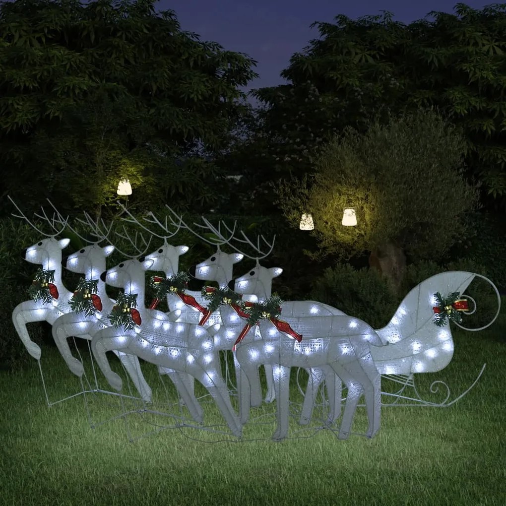 3100432 vidaXL Decoração de Natal renas/trenó p/ exterior 140 luzes LED branco
