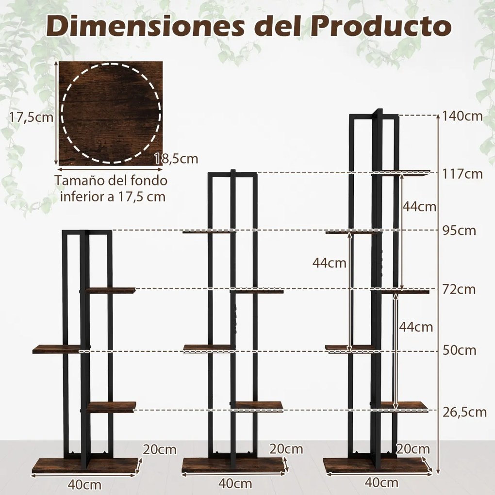 Conjunto de 3 Estantes altas de madeira e metal com 4+5+6 níveis para plantas e vasos Preto e Castanho