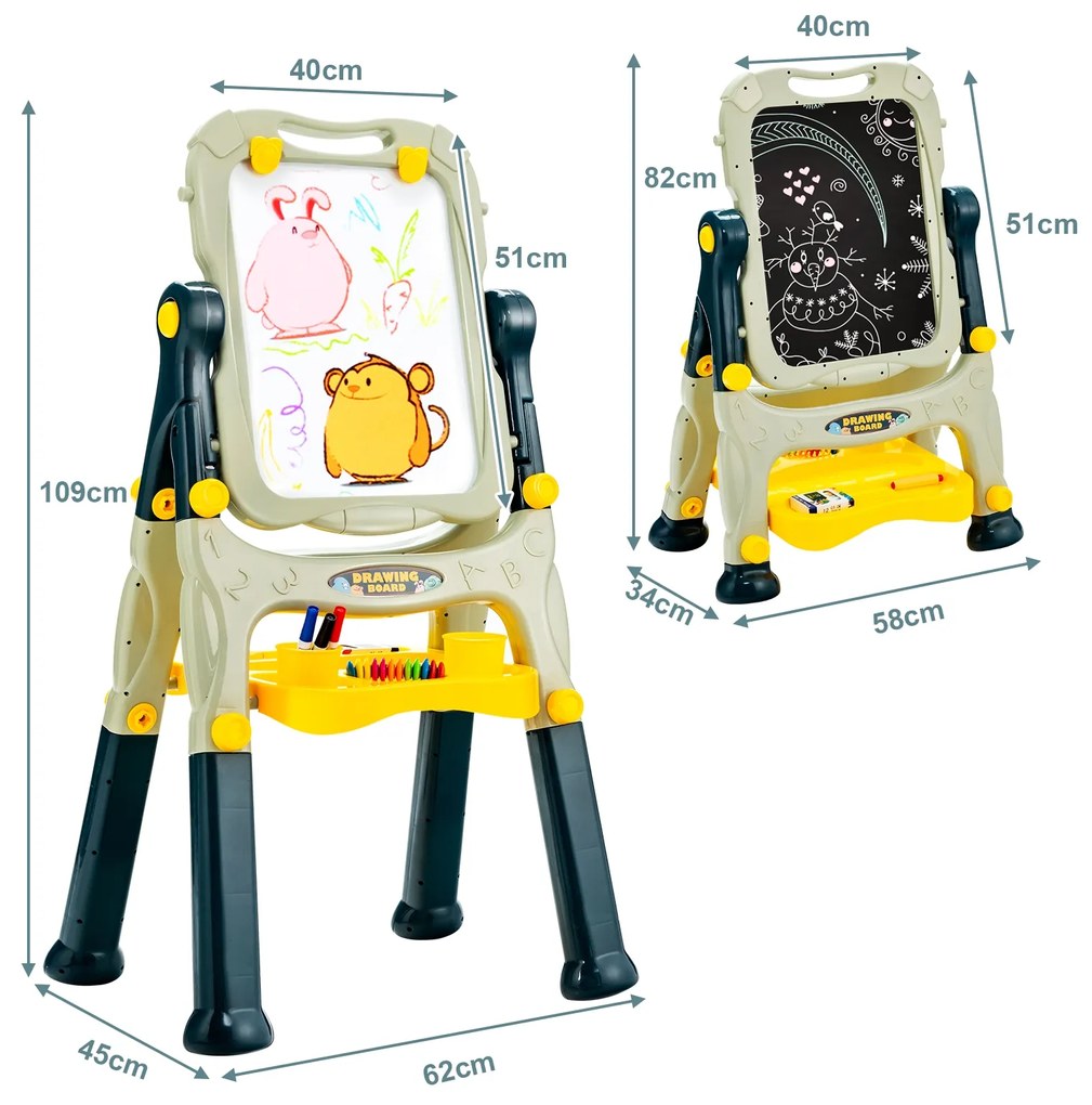 Quadro Branco Infantil Magnético de Dupla Face Altura Ajustável Quadro Branco com Acessórios Verde