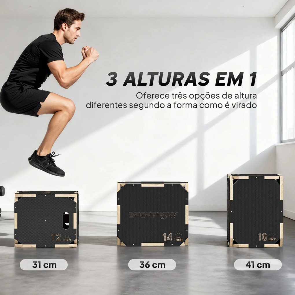 Caixa Pliométrica de Madeira 3 em 1 com 3 Alturas Diferentes Pegas Sem Cantos Treino de Saltos 41x36x31 cm Preto