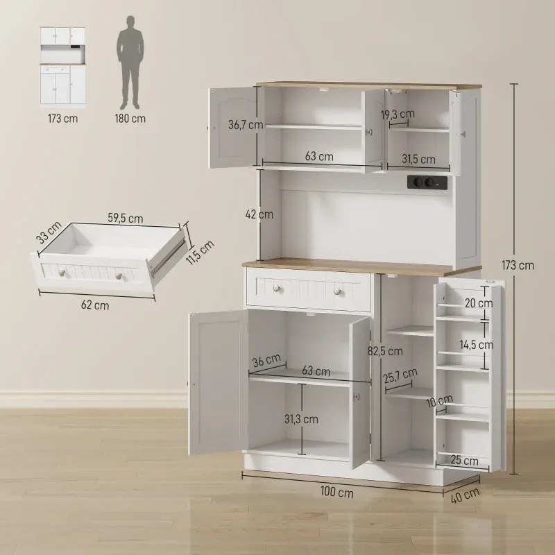 Armário de Cozinha Alto com Estação de Carregamento 6 Portas 1 Gaveta Prateleiras Ajustáveis 4 Prateleiras 100x40x173 cm Branco