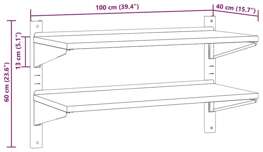 Estante parede 2 prateleiras 100x40x60 cm aço inoxidável prata
