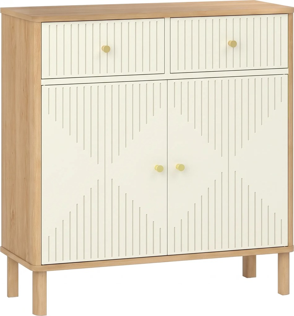 HOMCOM Buffet, móvel de arrumação canelado com tampo efeito carvalho, 2 gavetas, 2 portas, prateleira ajustável, 77x30x80cm, creme | Aosom Portugal