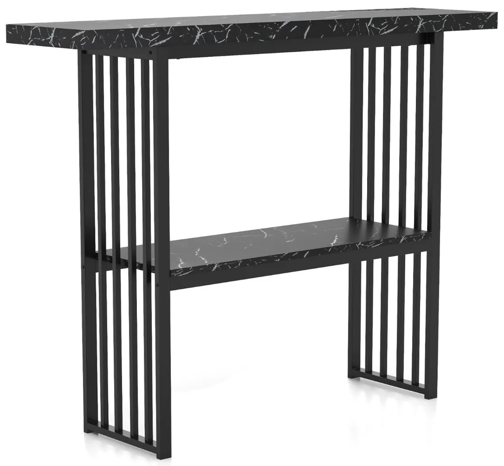 Mesa Consola de 2 Níveis Estreita em Imitação de Mármore com Estrutura em Aço 120 x 29,5 x 92,5 cm Preta