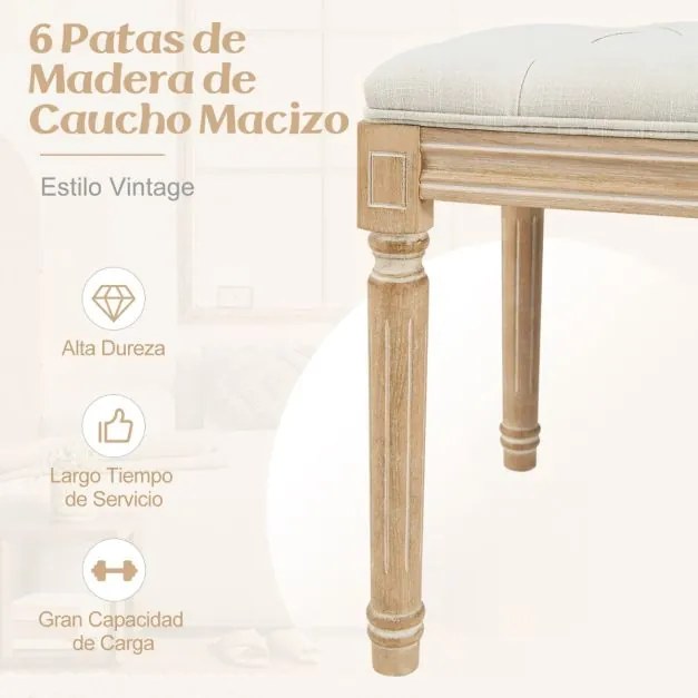 Banco de Entrada Vintage Francês de 20 x 40 x 49 cm com Pernas de Madeira Maciça de Cauchu Bege