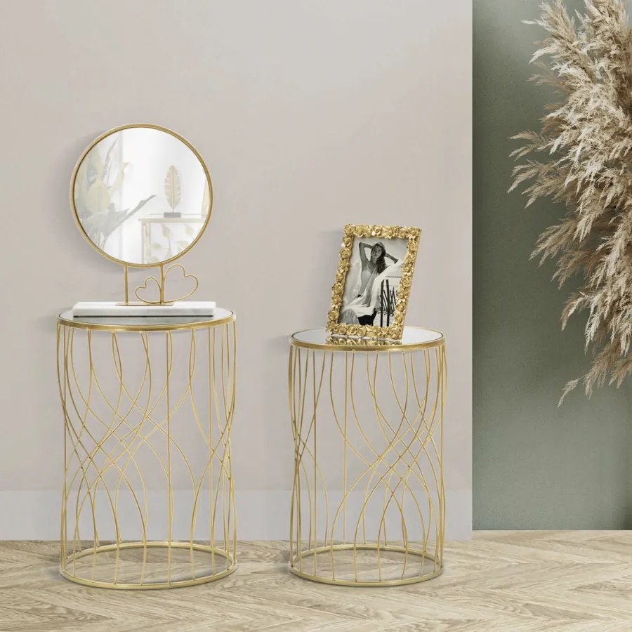 CONJUNTO DE 2 MESAS DE APOIO LIGNE Ø 38X55-33X50 CM DOURADO