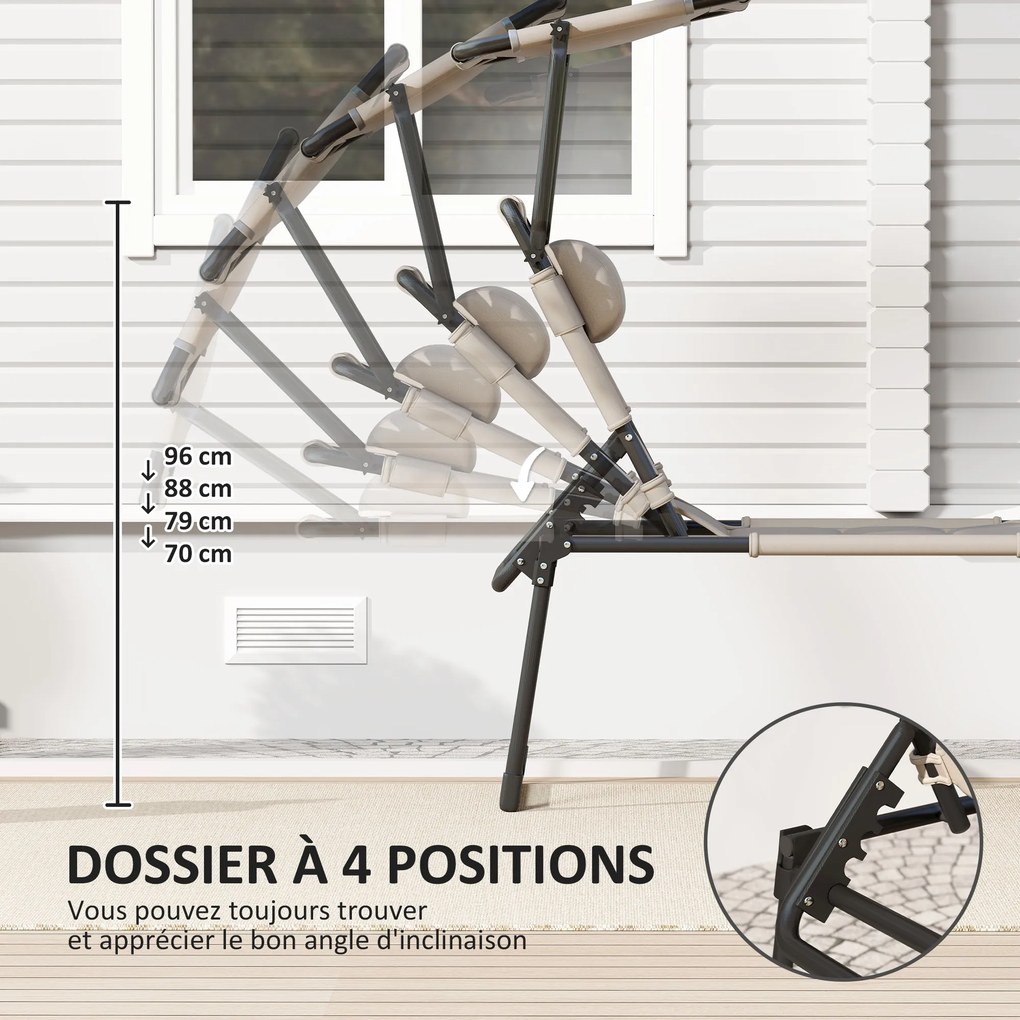 Conjunto de 2 espreguiçadeiras dobráveis de grande conforto, com encosto e capota ajustáveis em várias posições, cor cáqui
