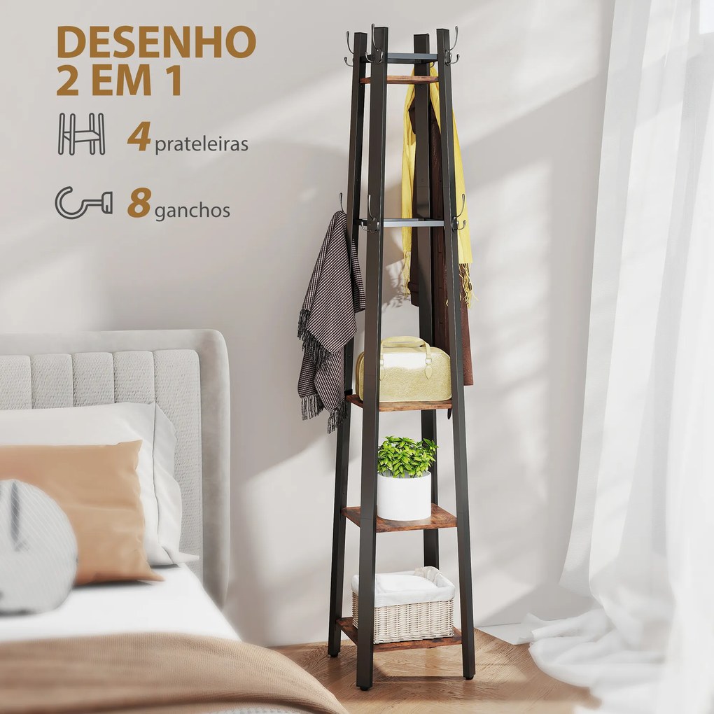 Cabide de Pé com 4 Níveis 4 Prateleiras 8 Ganchos com Estrutura Metálica para Pendurar Roupas e Chapéus Castanho rústico