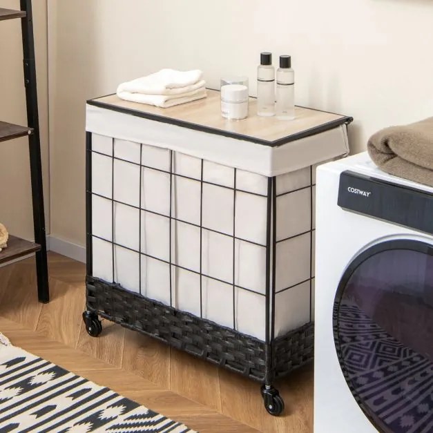 Cesto para roupa suja 130 L  Com Separador em metal com rodas Tampa com fecho Tampa de madeira Saco com forro amovível Dividido Preto