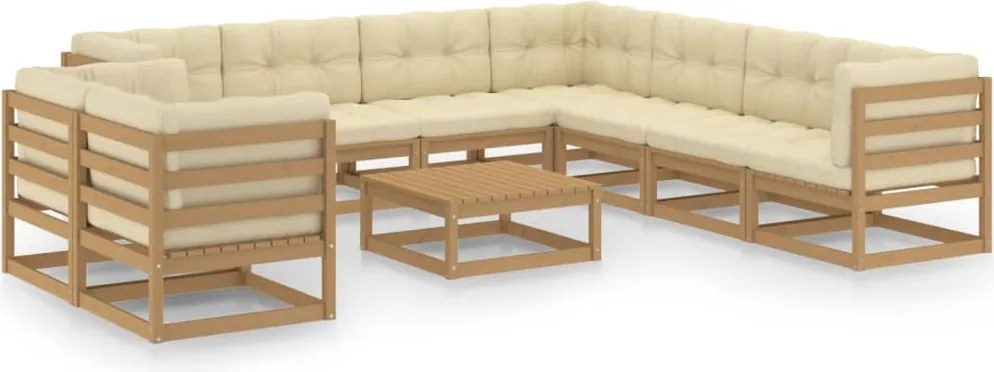 vidaXL 10 pcs conj. lounge jardim almofadões pinho maciço castanho mel