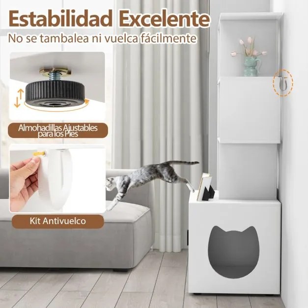 Móvel de caixa areira oculta para gatos com 3 prateleiras abertas, entrada lateral e portas 60 x 45,5 x 142 cm Branco
