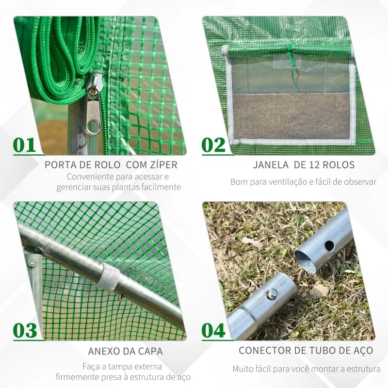 Estufa Tipo Túnel 800x300x200cm com 12 Janelas e Porta Enrolável Cobertura de PE 140g/m² e Aço Teto Pontiagudo para Cultivo de Plantas Verduras Verde