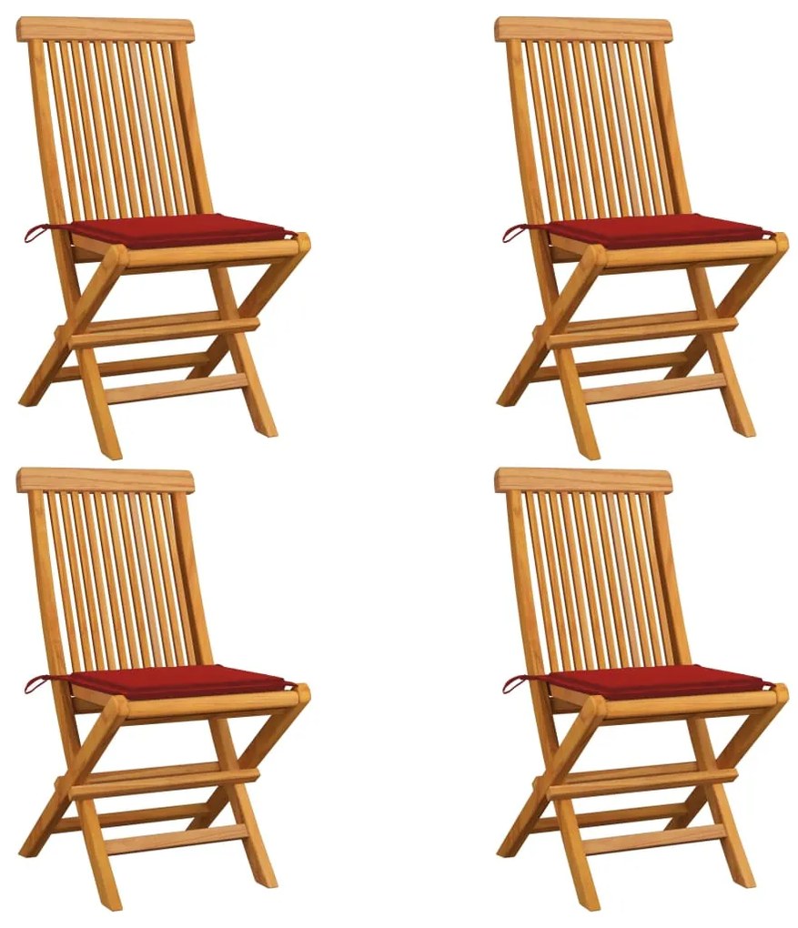 vidaXL Cadeiras de jardim c/ almofadões vermelhos 4 pcs teca maciça