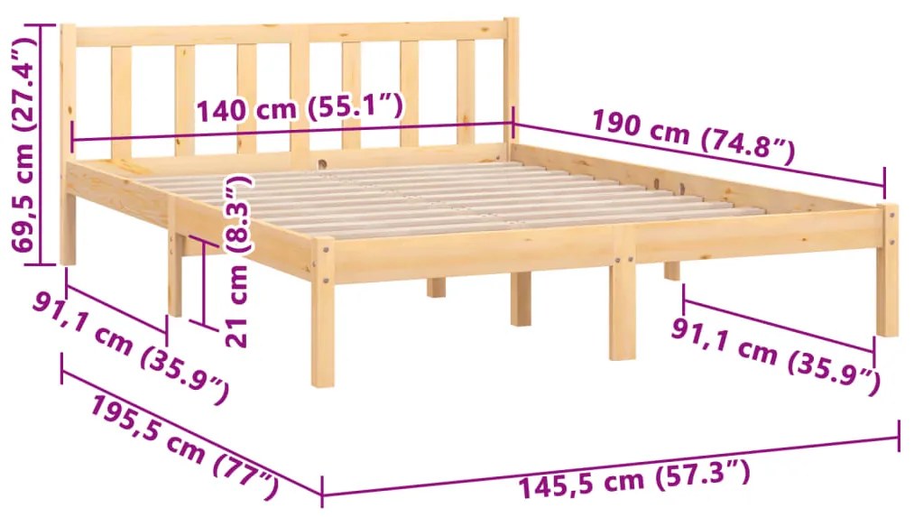 Estrutura de cama 140x190 cm pinho maciço