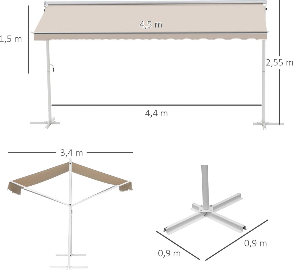 Toldo de dupla inclinação 4,50 L x 3,40 L x 2,55 A m, manual e retrátil, com inclinação ajustável, em aço com revestimento epóxi branco e poliéster im