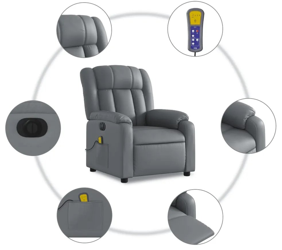 Poltrona massagens reclinável elétrica couro artif. cinzento
