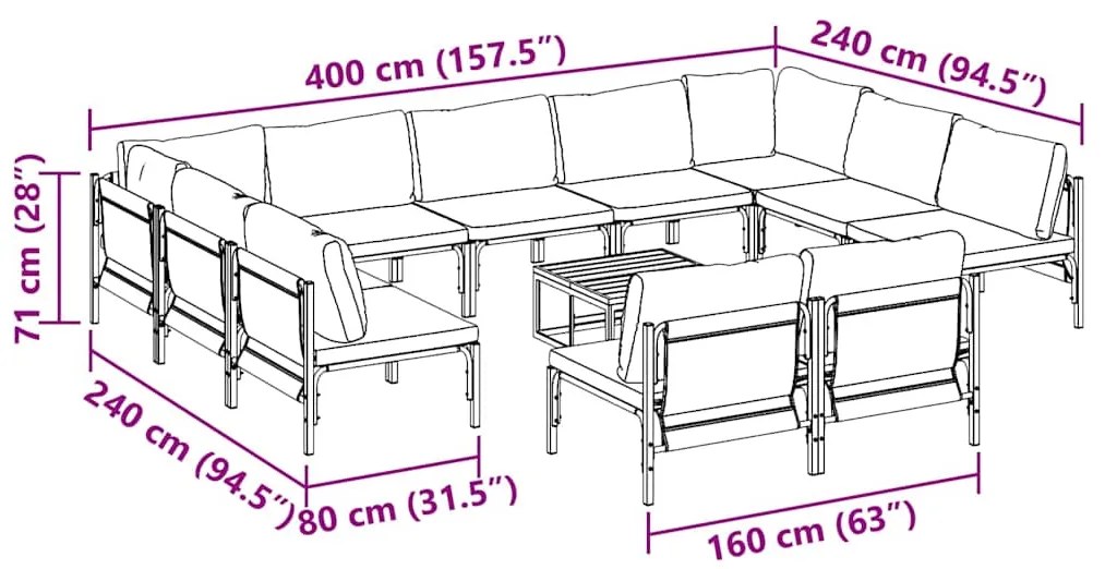 Conjunto de Sofá de Jardim 12 pcs Cinzento-escuro Aço