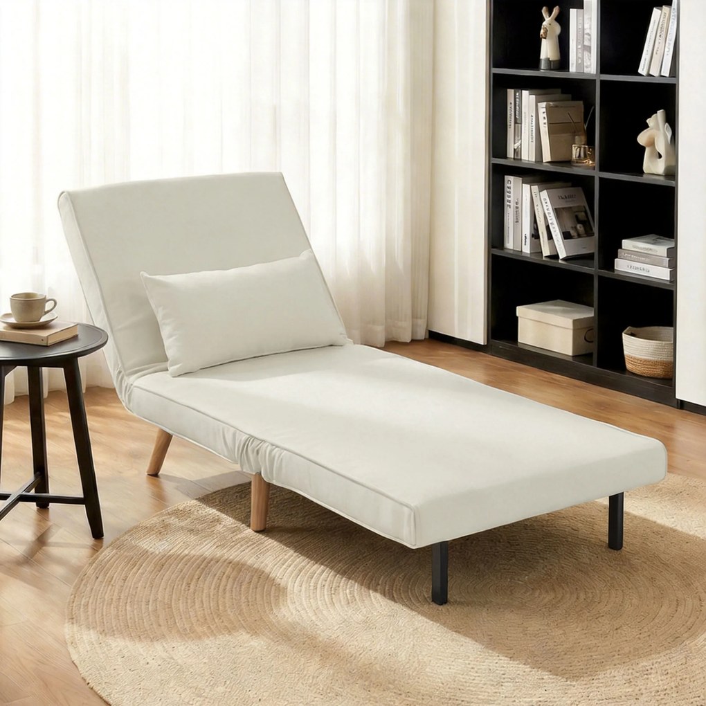 Poltrona conversível 3 em 1: poltrona-cama de 1 lugar, encosto com 5 posições, em tecido com almofada, creme