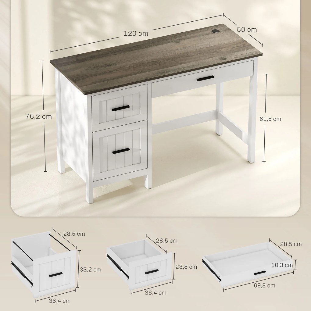 Secretária Rústica com 3 Gavetas e Bancada com Efeito Madeira Mesa para Computador para Estudo Escritório 120x50x76,2 cm Branco
