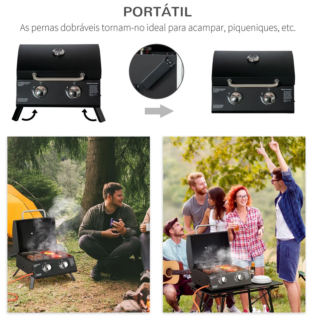 Outsunny Barbecue a Gás Dobrável com 2 Queimadores Churrasqueira à Gás Portátil com Termómetro para Campismo Piquenique ao Ar Livre Jardim 55x46,5x41cm Preto