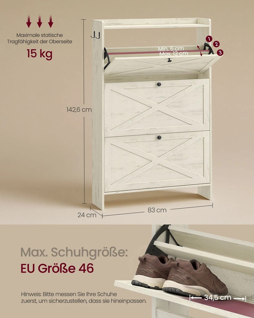 Sapateira com 3 portas para 24 pares de sapatos 83 x 24 x 142,6 cm em branco rústico