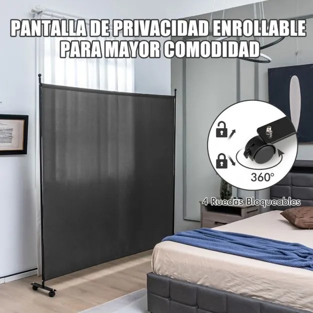 Biombo Divisória de ambientes 184 x 30 x 184 cm com painel único, tela de privacidade larga com rodas bloqueáveis Cinzento