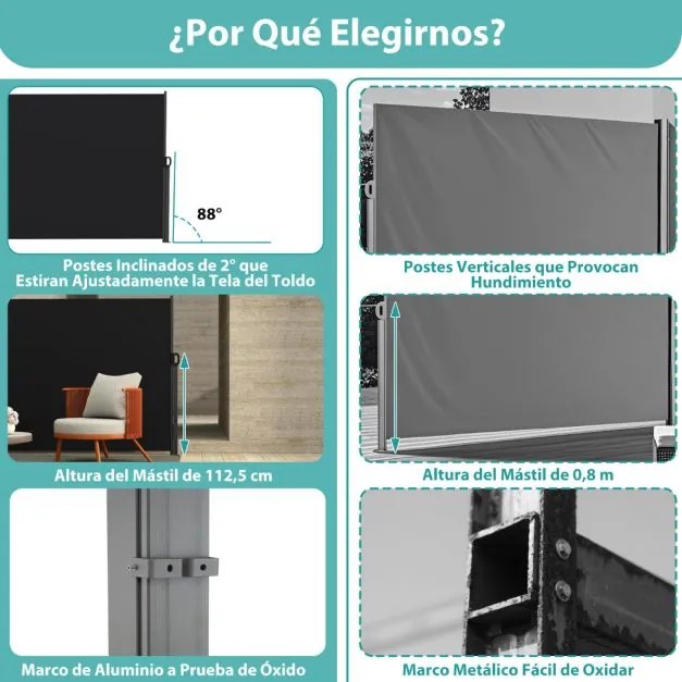 Toldo lateral retrátil para jardim 300 x 180 cm de privacidade para exterior enrolável e dobrável Preto