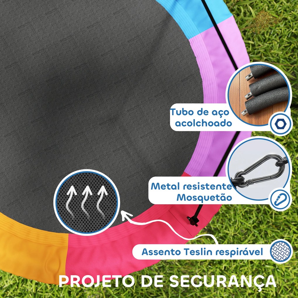 Baloiço Ninho Infantil Ø120 cm Altura Ajustável Baloiço Redondo para Bebés para Árvores para 4 Crianças de 3 a 8 Anos Multicolor