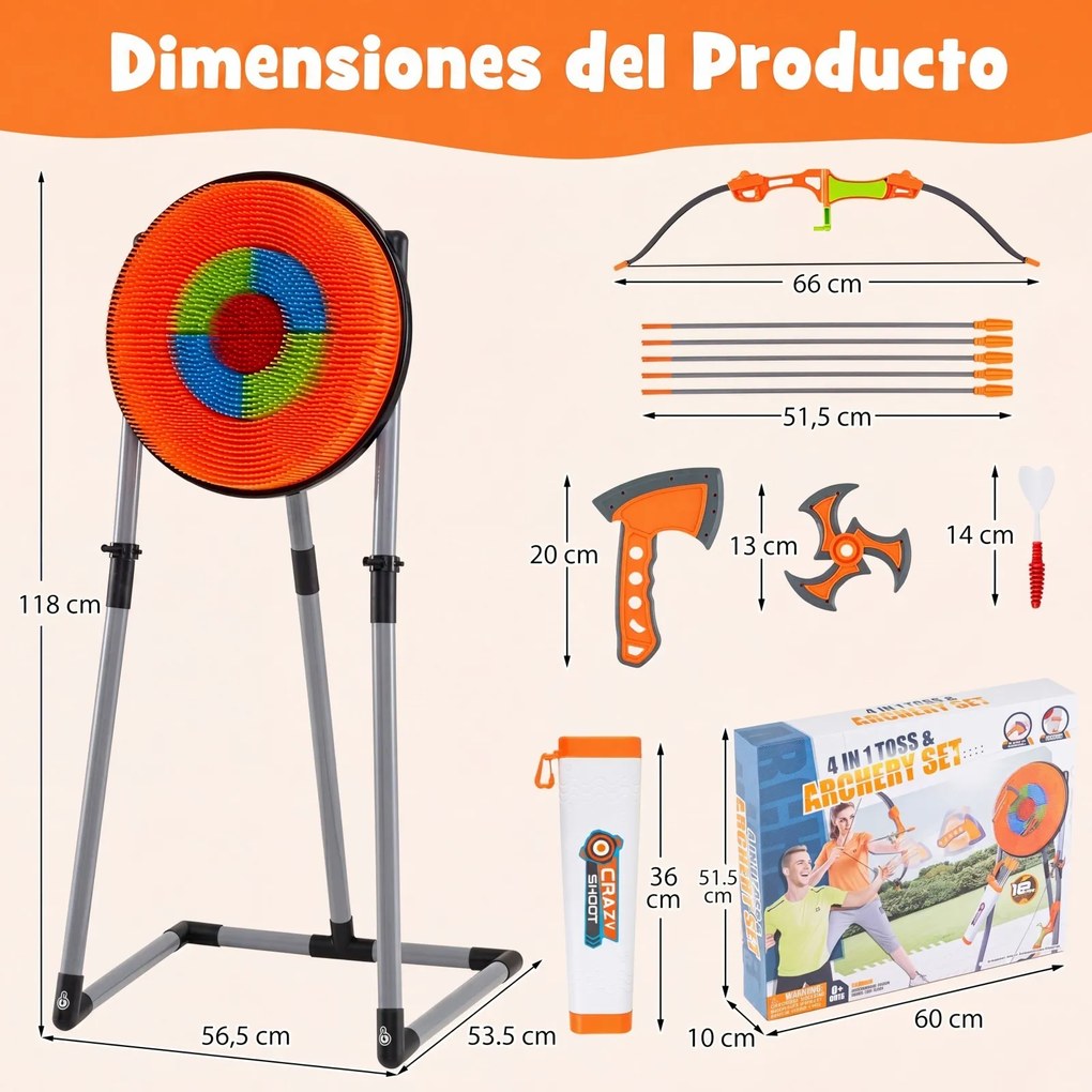 Jogo de Lançamento de Dardos e Arco e Flechas, 56,5 x 53,5 x 118 cm, Para Interior e Exterior, Laranja