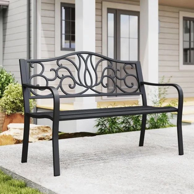 Banco de jardim em metal, banco resistente às intempéries para 2 pessoas, banco de varanda, banco em metal com capacidade de carga até 300 kg. Preto