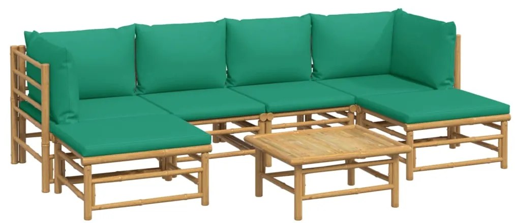 7 pcs conjunto lounge de jardim bambu c/ almofadões verdes
