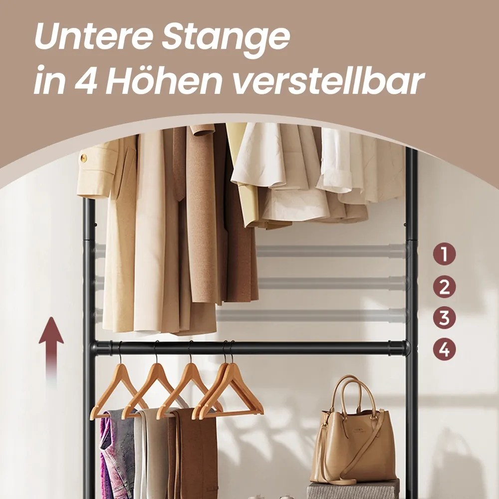 Guarda roupa aberto 49 x 130 x 198 cm, cabide com 2 barras para roupas com rodas preto