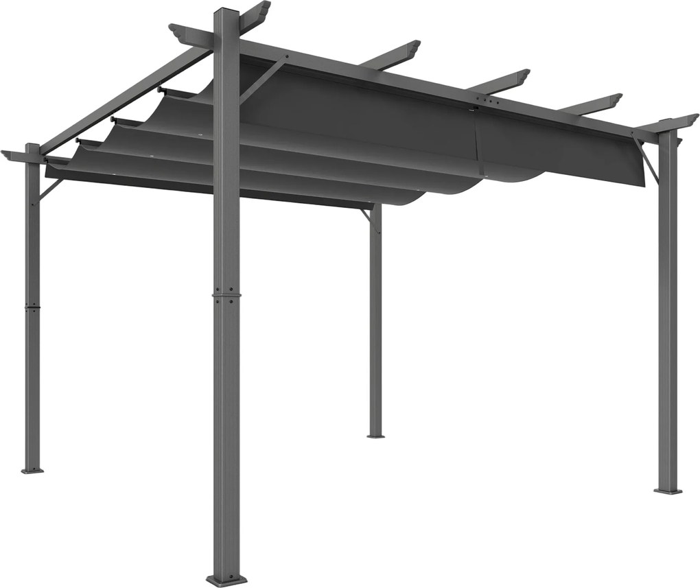 Outsunny Pérgola de Jardim 3x3 m de Alumínio com Toldo Retrátil e 8 Estacas para Exterior Proteção UPF30+ Drenagem Cinza Escuro | Aosom Portugal