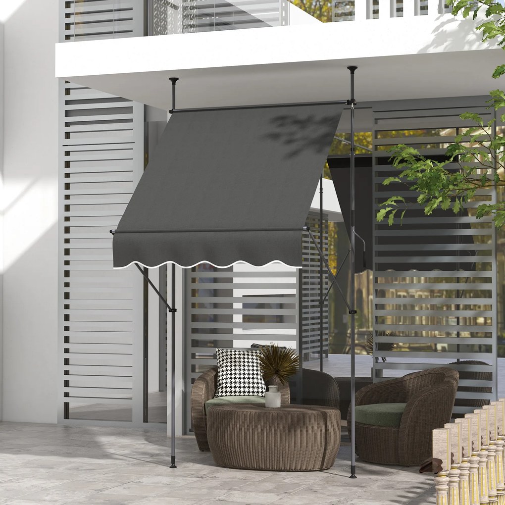 Toldo retrátil manual autoportante, 1,5 m (L) x 1,2 m (P) x 2,1–3 m (A), inclinação ajustável, metal, alumínio e poliéster cinzento escuro
