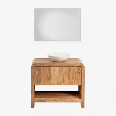 Conjunto De Móvel De Casa De Banho Em Madeira Vacry Castanho Acácia & Cimento Redondo Branco Ø40 Cm Zavion & Led Retangular E Anti-embaciamento 100x70