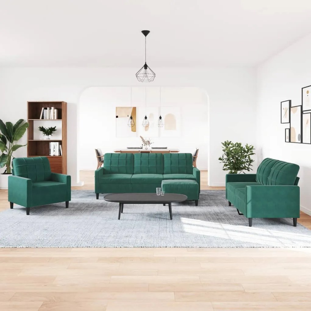 4 pcs conjunto de sofás com almofadões veludo verde-escuro